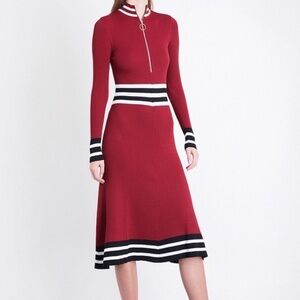 EUC MAJE Vintage Reinette Zip Neck Knit Striped Midi Dress Sporty Red Size 3/Lg